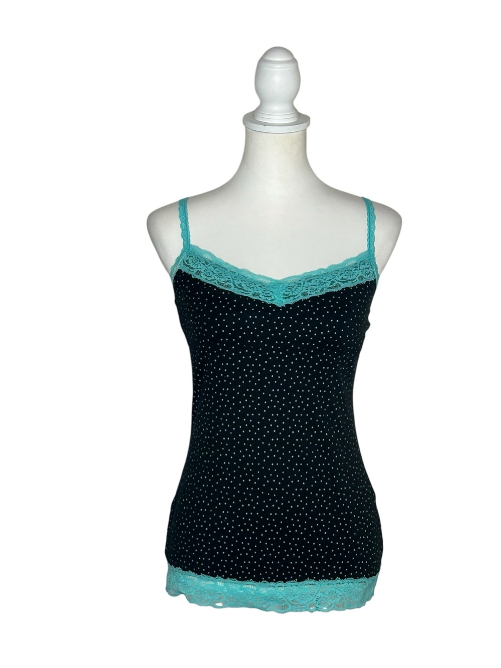 Vintage Y2K Kirra Black Polka Dot Cami Teal Lace Trim EUC Sz M Grunge Coquette